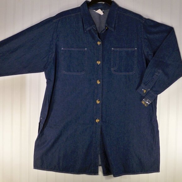 Roamans, Blue Jean Long Sleeve Button Up Shirt, 1X - Picture 2 of 7